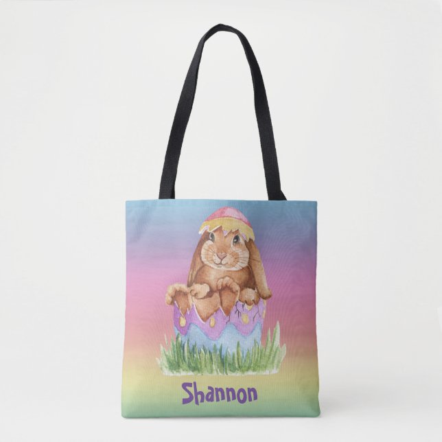 Tote Bag Aquarelle arc-en-ciel de lapin de Pâques (Devant)