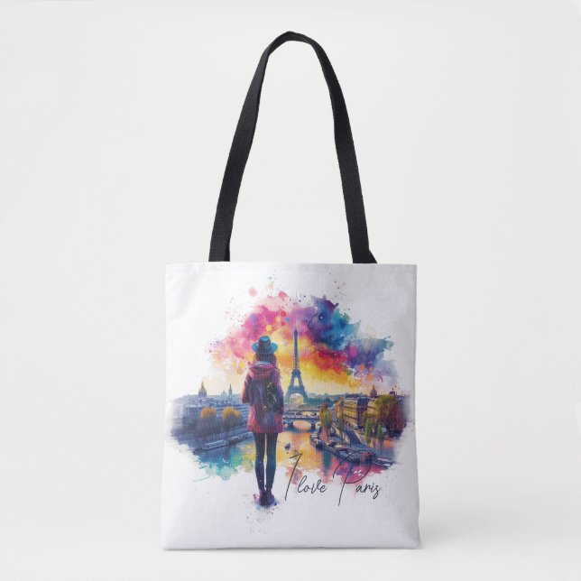 Tote Bag Aquarelle Art J'aime Paris Tour Eiffel Travel (Devant)
