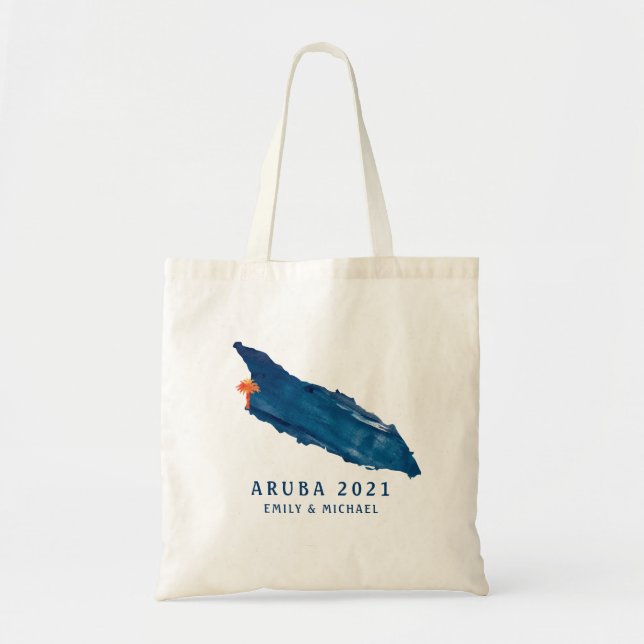 Tote Bag Aquarelle Aruba Blue Map avec Sun Orange Palm Tre (Devant)