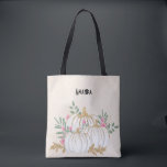 Tote Bag Aquarelle blanche et Citrouille or<br><div class="desc">Un sac fourre-tout aux citrouilles blancs aquarelle fantaisie aux accents de fausse parties scintillant dorée. Entouré de feuilles verts et de fleurs sauvages roses.</div>