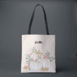 Tote Bag Aquarelle blanche et Citrouille or<br><div class="desc">Un sac fourre-tout aux citrouilles blancs aquarelle fantaisie aux accents de fausse parties scintillant dorée. Entouré de feuilles verts et de fleurs sauvages roses.</div>
