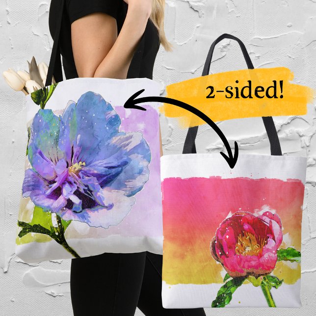 Tote Bag Aquarelle bleu Chiffon Rose et rose Peony (Créateur téléchargé)