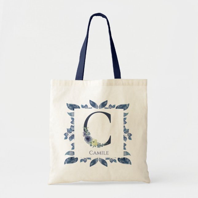 Tote Bag Aquarelle bleu de la marine florale Monogramme ini (Devant)