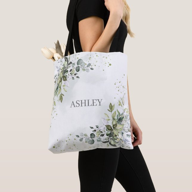 Tote Bag Aquarelle bleu Dusty Nom de la végétation Monogram (De près)