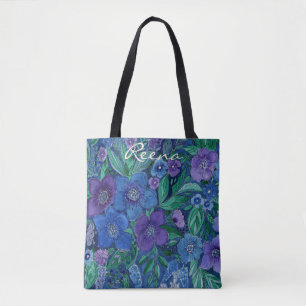 Tote Bag aquarelle, bleu et violet, aquarelle d'anémones