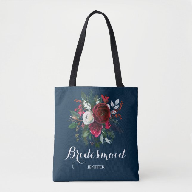 Tote Bag Aquarelle bleu marine bouquet rouge mariage (Devant)