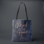 Tote Bag Aquarelle bleu marine et Rose d'or Maid of Honor<br><div class="desc">Aquarelle bleu marine & Rose or Faux Foil en lettres parfaites pour les mariages d'automne ou d'hiver Monogramme Maid of Honor sacs fourre-tout Avec une police de caractères à la main à la mode. ~ Regardez ma boutique pour voir toute la collection de mariages avec ce design!</div>