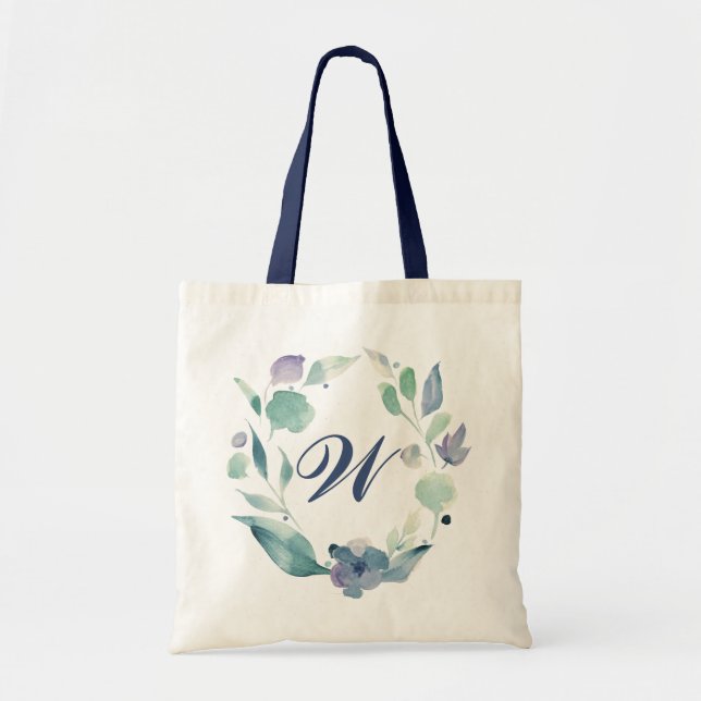 Tote Bag Aquarelle bleu Monogramme Floral Wreath (Devant)