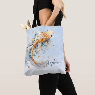 Tote Bag Aquarelle bleu or Koi poisson personnalisé