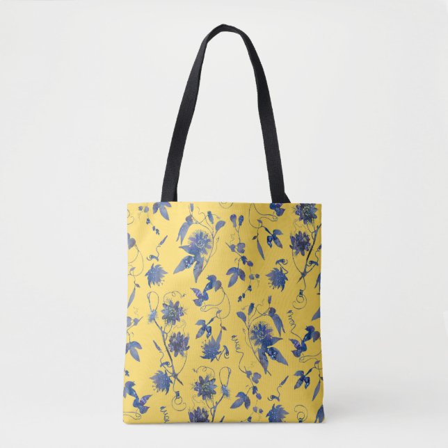 Tote Bag Aquarelle Bleu Passiflore sur Fond Jaune Moutarde (Devant)