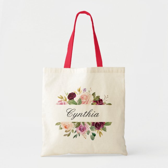 Tote Bag Aquarelle bleu-pourpre bordeaux Florale (Devant)