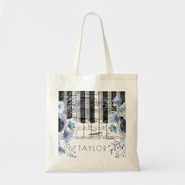 Tote Bag aquarelle bleu poussiéreux piano (Devant)