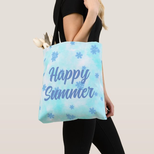 Tote Bag aquarelle bleu rétro floral personnalisé (De près)
