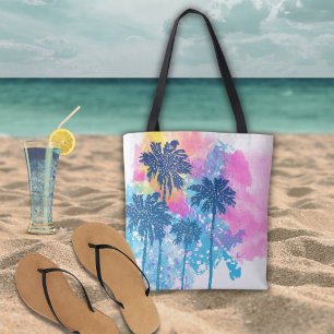 Tote Bag Aquarelle bleu rose Palmes tropicales