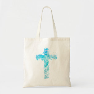 Tote Bag Aquarelle bleue Croix chrétienne Baptême