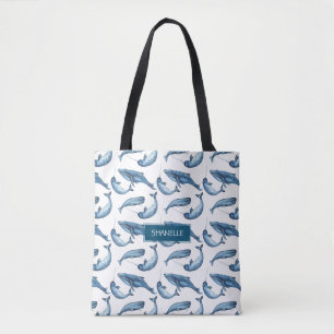 Tote Bag Aquarelle bleue Monogramme Baleine et Narwhal