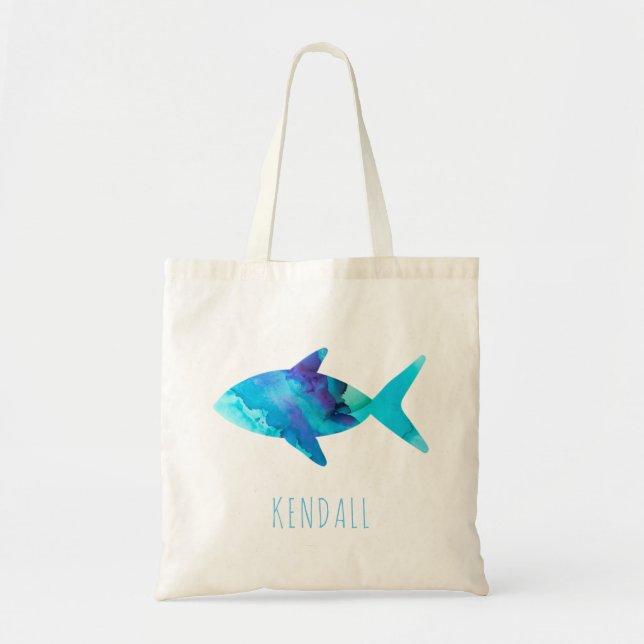 Tote Bag Aquarelle Blue Fish Sea Life Kids Personnalisé (Devant)