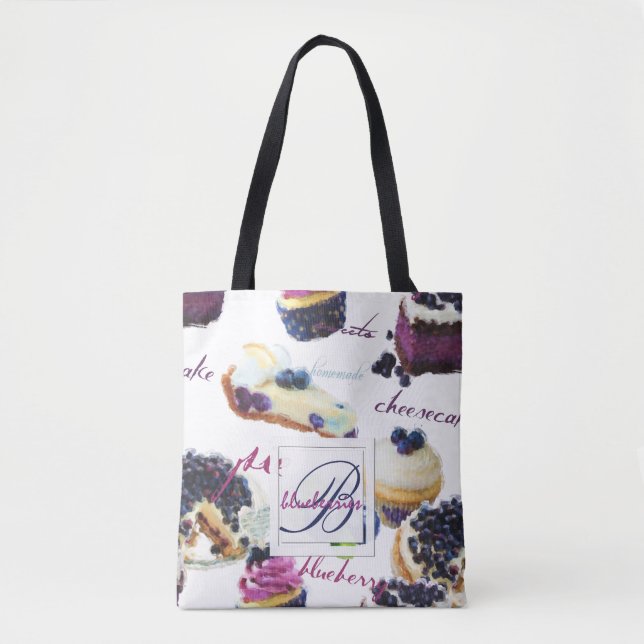 Tote Bag Aquarelle Blueberries et Sweets Monogramme (Devant)