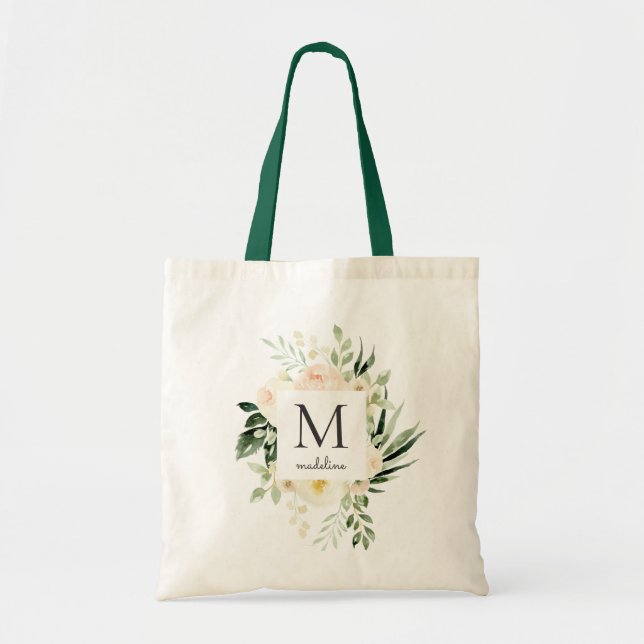 Tote Bag Aquarelle Blush Peach Floral Green Monogramme (Devant)