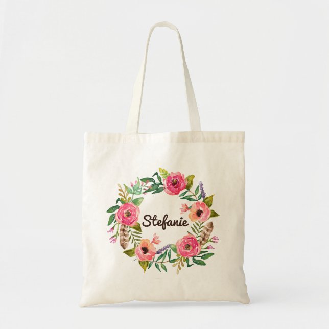 Tote Bag Aquarelle Boho Floral Wreath Bridesmaid (Devant)
