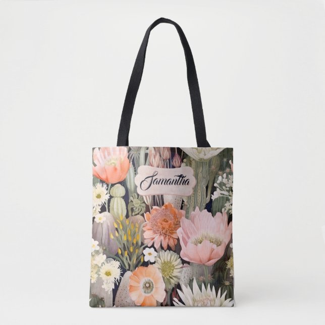 Tote Bag Aquarelle Boho rose pâle, cactus de Pêche Floral (Devant)
