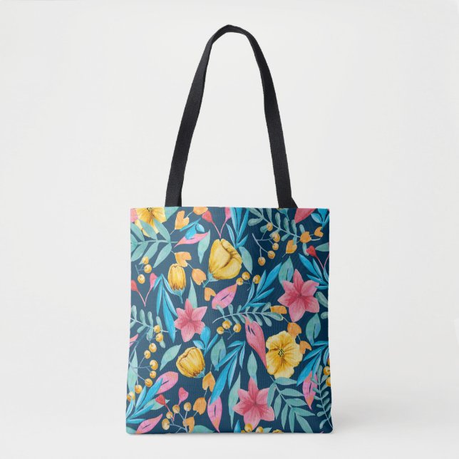 Tote Bag Aquarelle botanique : fleurs, ornement feuille. (Devant)
