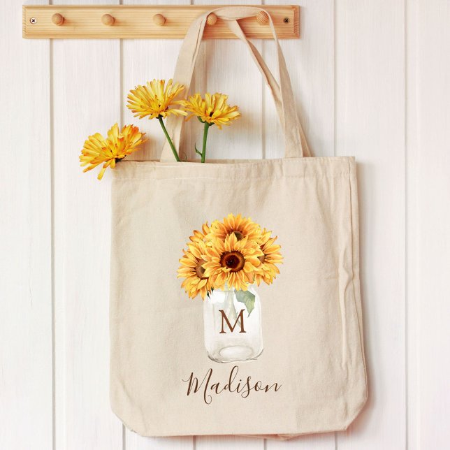 Tote Bag Aquarelle Bouquet de tournesol rustique dans Mason (In situ)