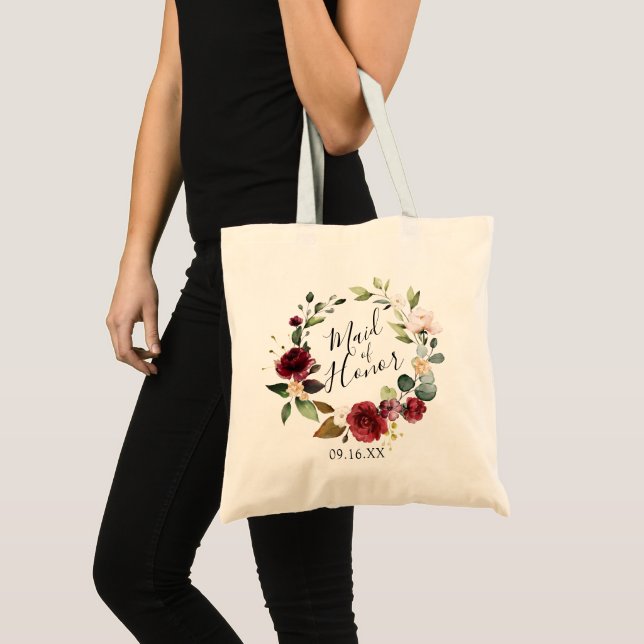 Tote Bag Aquarelle Bourgogne couronne florale Maid of Honor (Devant (produit))