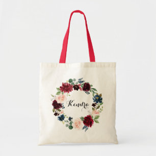 Tote Bag Aquarelle Bourgogne et bleu Floral Wreath automne