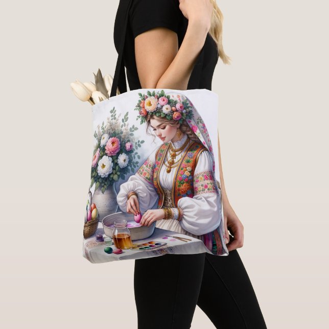 Tote Bag Aquarelle Bulgare Folk Femme Floral Oeufs de Pâque (De près)