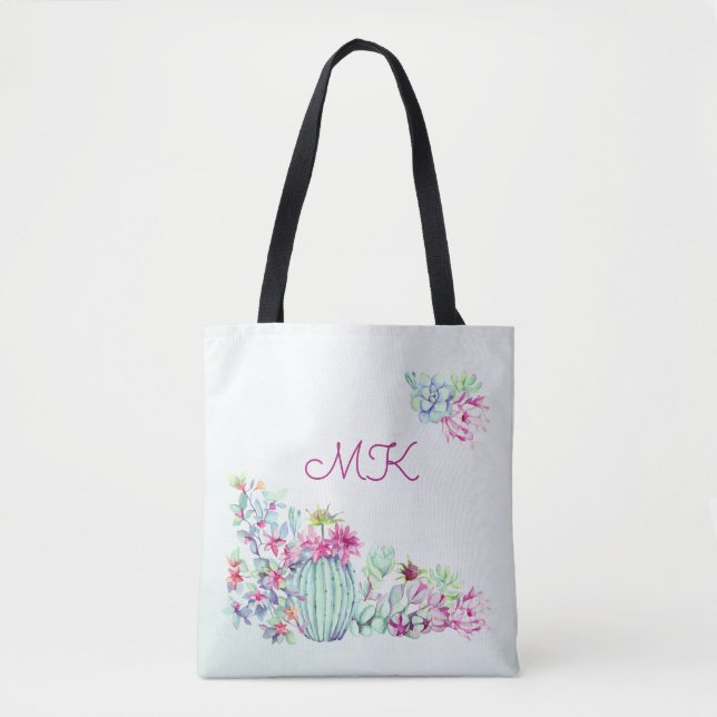 Tote Bag Aquarelle Cactus & Succulents Monogramme (Devant)