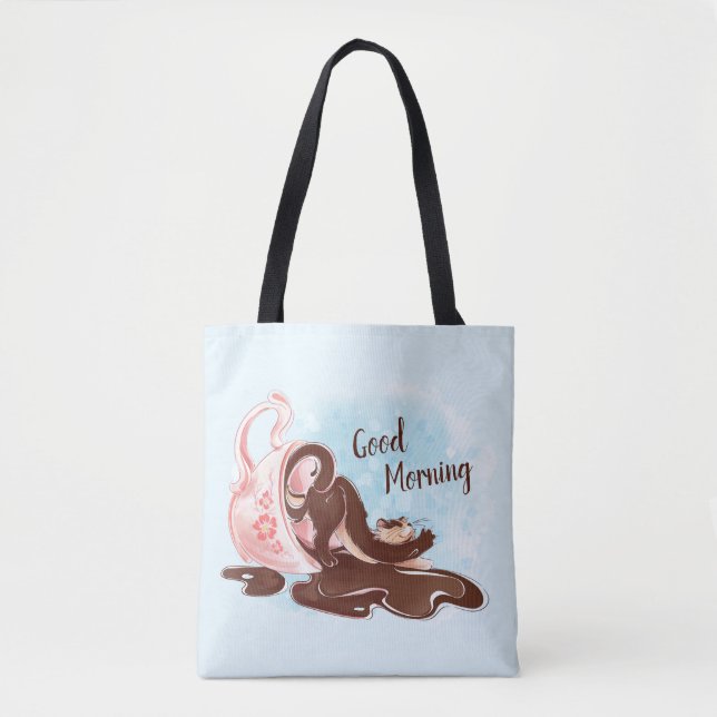 Tote Bag Aquarelle café Stretting Cat (Devant)