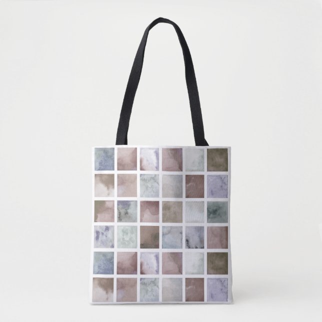 Tote Bag Aquarelle. Carrés beiges et gris. (Devant)