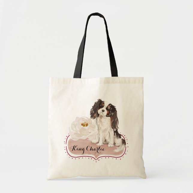 Tote Bag Aquarelle Cavalier King Charles Spaniel avec Rose (Devant)