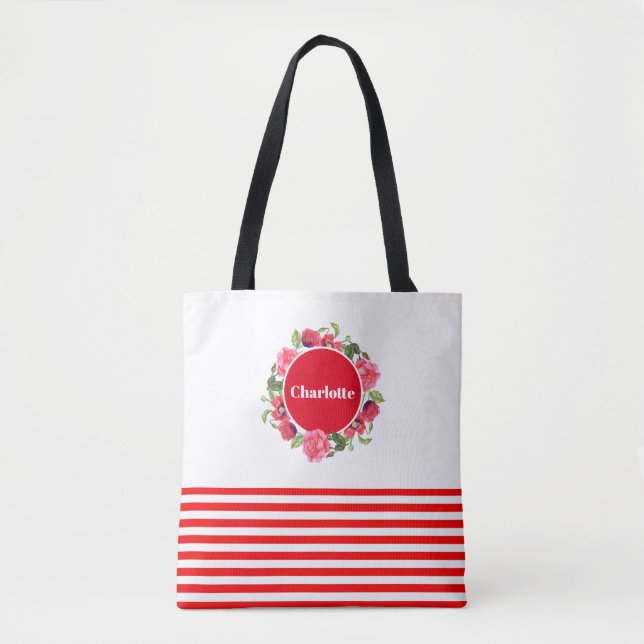 Tote Bag Aquarelle Cercle rouge et rose Courbe florale (Devant)
