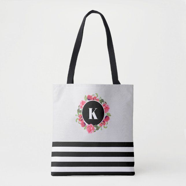 Tote Bag Aquarelle Cercle rouge et rose Courbe florale (Devant)