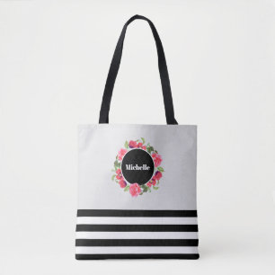 Tote Bag Aquarelle Cercle rouge et rose Courbe florale