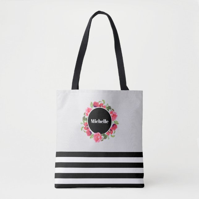 Tote Bag Aquarelle Cercle rouge et rose Courbe florale (Devant)