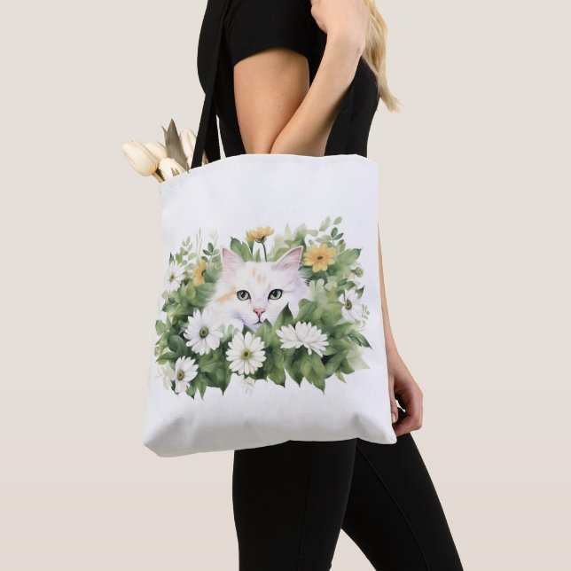 Tote Bag Aquarelle Chat Blanc Dans Les Faisceaux (De près)