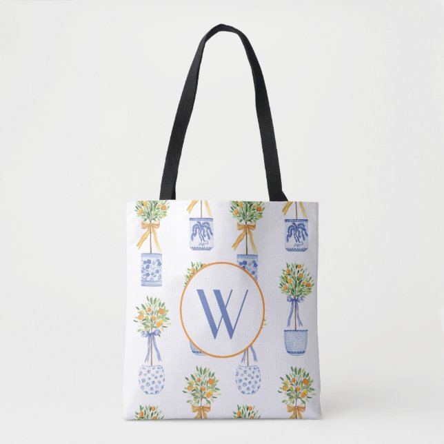 Tote Bag Aquarelle Chinoiserie Orange Tree Topiary (Devant)