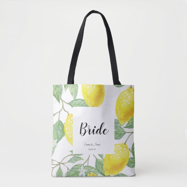 Tote Bag Aquarelle Citron Feuille Jaune Blanc Mariage (Devant)