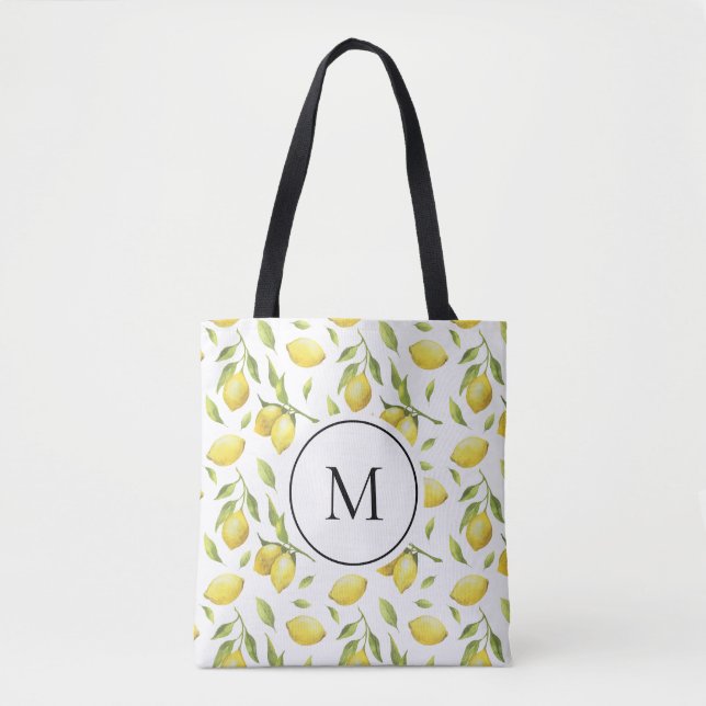 Tote Bag Aquarelle Citrons et verdure Monogramme Motif (Devant)