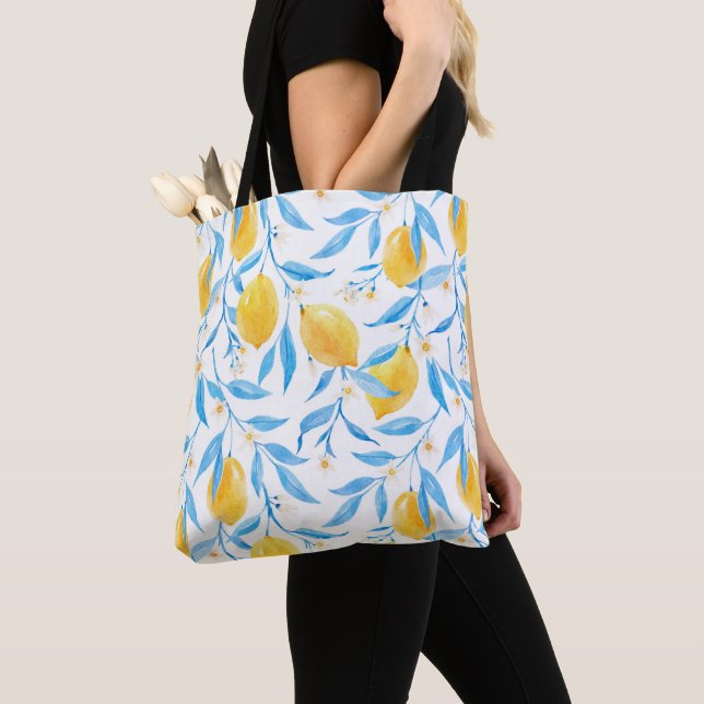 Tote Bag Aquarelle Citrons jaunes et Feuilles bleus (De près)