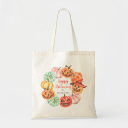 Tote Bag Aquarelle colorée Citrouille Wreath Trick ou trait