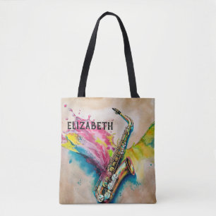Tote Bag Aquarelle colorée Saxophone Splash personnalisé