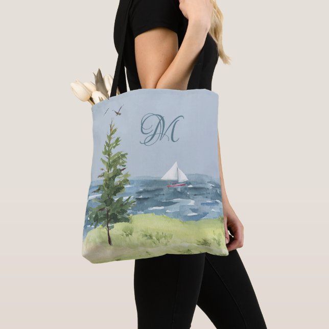 Tote Bag Aquarelle Côte Plage Sable Voilier Monogramme (De près)