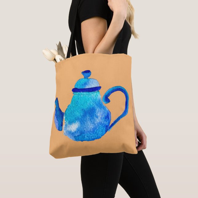 Tote Bag Aquarelle couleur bleu teapot (De près)