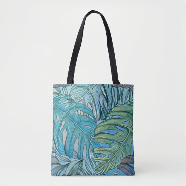 Tote Bag Aquarelle couleur bleu vert tropical feuille (Devant)