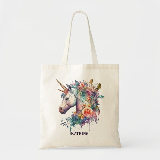 Tote Bag Aquarelle couleur violet magique florale Unicorne (Devant)