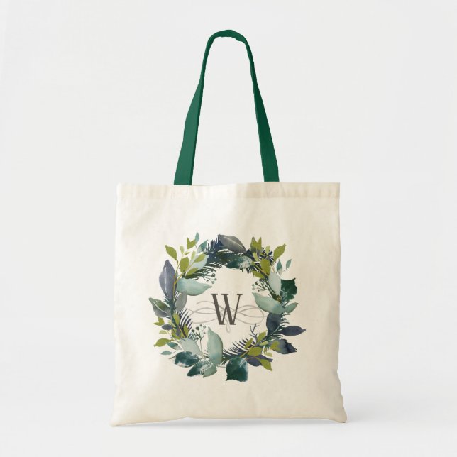Tote Bag Aquarelle couronne botanique Turquoise Monogramme  (Devant)